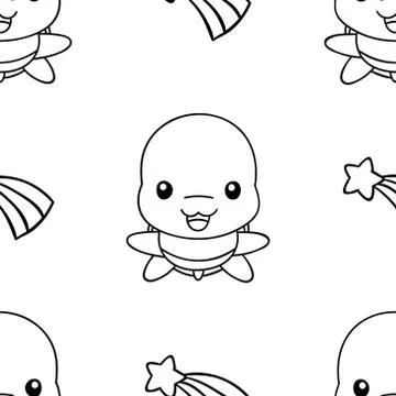 Seamless pattern, black and white cute hand drawn turtle doodle, coloring pag Stock Illustration