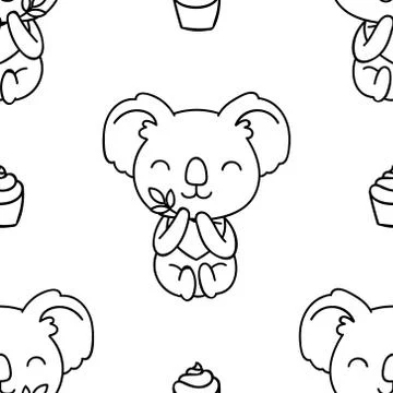 Seamless pattern, black and white cute hand drawn koala doodle, coloring page Stock Illustration