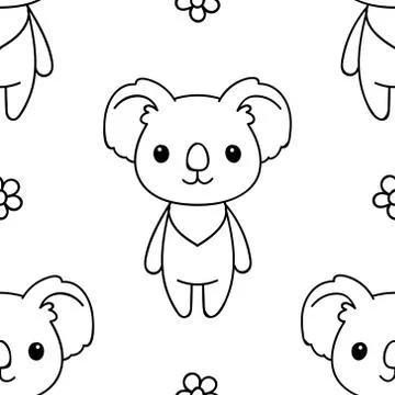 Seamless pattern, black and white cute hand drawn koala doodle, coloring page Stock Illustration