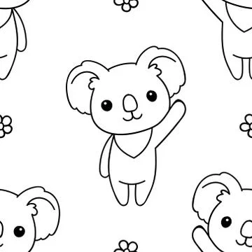 Seamless pattern, black and white cute hand drawn koala doodle, coloring page Stock Illustration