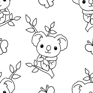 Seamless pattern, black and white cute hand drawn koala doodle, coloring page Stock Illustration