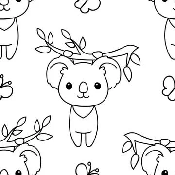 Seamless pattern, black and white cute hand drawn koala doodle, coloring page Stock Illustration