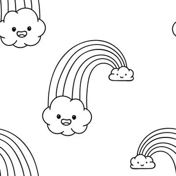Seamless pattern, black and white cute hand drawn rainbow doodle, coloring pages Stock Illustration