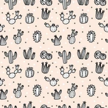 Seamless pattern with black and white cactus and succulents on biege pink bac Stock Illustration