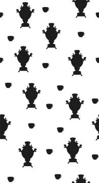 Seamless pattern black and white colors. Samovar and cup of tea Stock Illustration