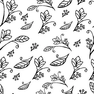 Seamless pattern. Black and white. Flowers on a white background. Thin lines. Stock Illustration