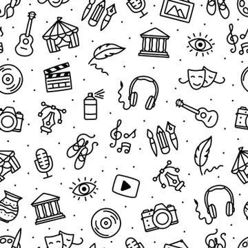 Seamless pattern with black and white art objects. Hand drawn style Stock Illustration