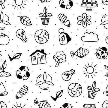 Seamless pattern with black and white ecology objects. Hand drawn style Stock Illustration