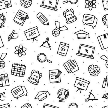 Seamless pattern with black and white education objects. Hand drawn style Stock Illustration