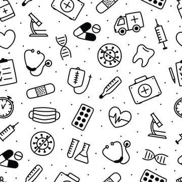 Seamless pattern with black and white health objects. Hand drawn style Stock Illustration