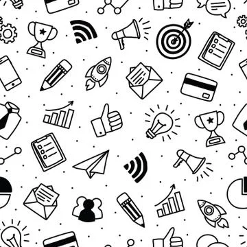 Seamless pattern with black and white marketing objects . Hand drawn style Stock Illustration