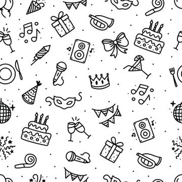 Seamless pattern with black and white party objects. Hand drawn style Stock Illustration