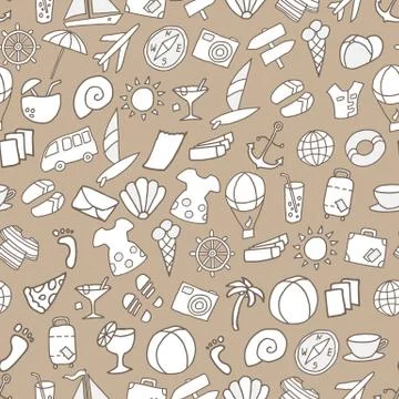 Seamless pattern with black and white cartoon travel items Stockillustratie