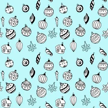 Seamless pattern of black and white linear drawings of christmas toys on a tu 스톡 일러스트
