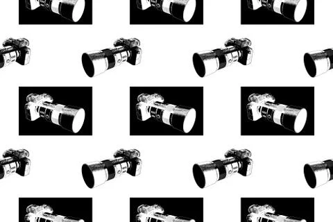 Seamless pattern. Black and white photo cameras in positive and negative view Stock Illustration