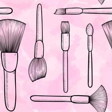 Seamless pattern. Black and white Make up brushes for cosmetics on the pink w イラスト素材