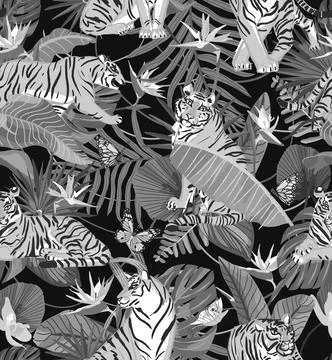 Seamless Pattern Black and White Wildlife Tiger  with tropical plant 스톡 일러스트