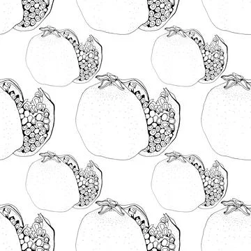 Seamless pattern black and white line art pomegranate with seeds for coloring Stock Illustration
