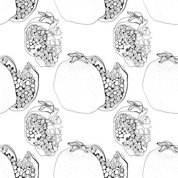 Seamless pattern black and white line art pomegranate with seeds for coloring Stock Illustration