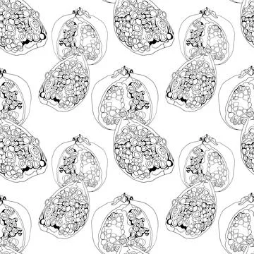 Seamless pattern black and white line art pomegranate with seeds for coloring Stock Illustration