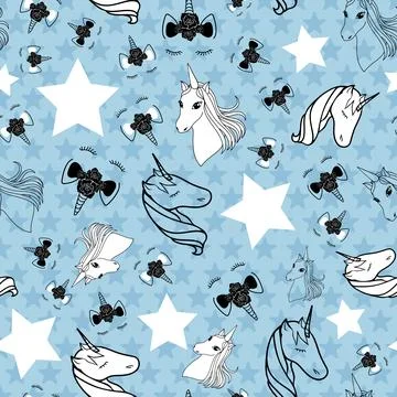 Seamless pattern black and white unicorns and stars on blue background Stock Illustration