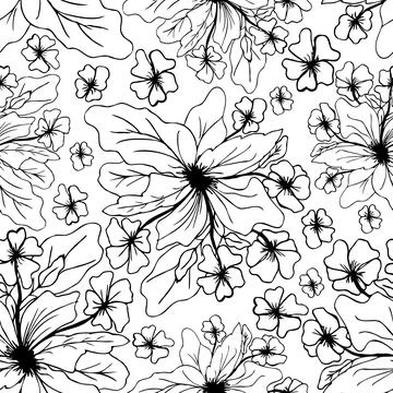 Seamless pattern of black and white simple freehand poppy flower silhouette Stock Illustration