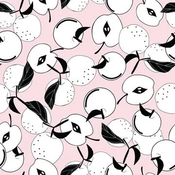 Seamless pattern black and white apples on pastel pink background Stock Illustration