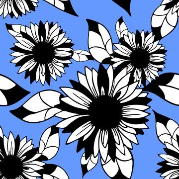 Seamless pattern of black and white graphic flowers on a blue background Stock Illustration