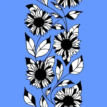 Seamless pattern of black and white graphic flowers on a blue background Stock Illustration