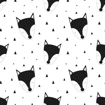 Seamless pattern of black and white fox. Vector scandinavian hand-drawn child Stock Illustration