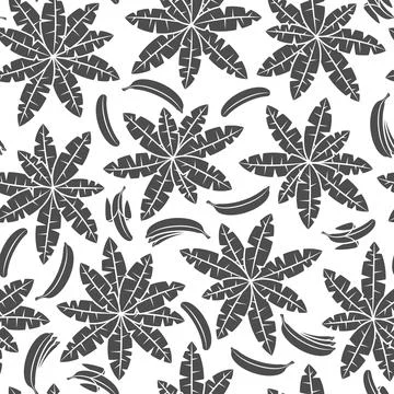Seamless pattern with black and white palm leaves and bananas. Stock Illustration