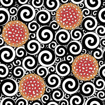 Seamless pattern with black and white swirls and caps of fly agaric mushroom. Stock Illustration