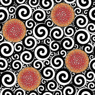 Seamless pattern with black and white swirls and caps of fly agaric mushroom. Stock Illustration