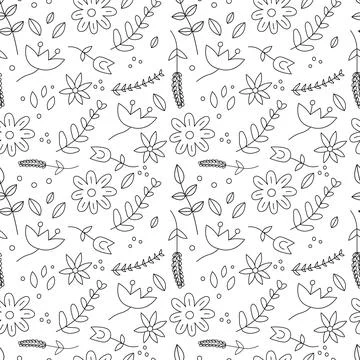 Seamless pattern black and white doodle illustration. Floral background with Stock Illustration