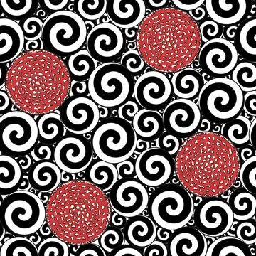 Seamless pattern with black and white swirls and caps of fly agaric mushroom. Stock Illustration