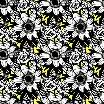 Seamless pattern of black and white flowers on a yellow background, texture.. Illustrazione stock