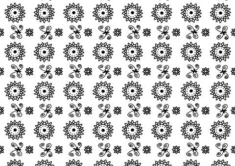 A seamless pattern of black and white flowers and swirls on a white backgro.. Illustrazione stock