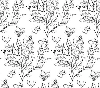 Seamless pattern with black and white Illustration coloring page with Stock Illustration