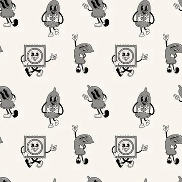 Seamless pattern with Black and white retro condom mascot character Illustrazione stock