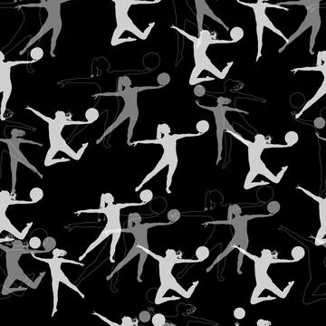 Seamless pattern of black and white images of a group of girls playing sports Stock Illustration