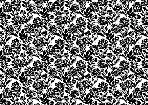 Seamless pattern with black and white floral ornament. Flowers hand drawn t.. Stock Illustration