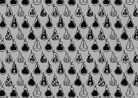 Seamless pattern with black and white pears on gray background Stock Illustration