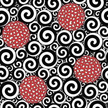 Seamless pattern with black and white swirls and caps of fly agaric mushroom Stock Illustration