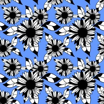 Seamless pattern of black and white graphic flowers on a blue background ba.. Stock Illustration