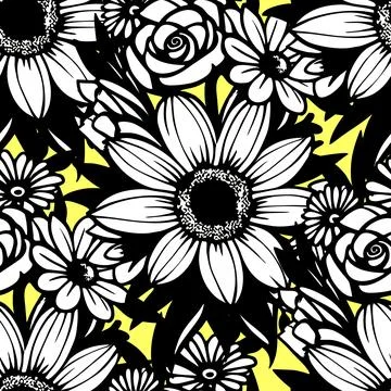 Seamless pattern of black and white flowers on a yellow background, texture.. Stock Illustration