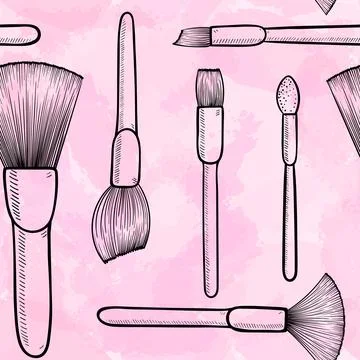 Seamless pattern. Black and white Make up brushes for cosmetics on the pink.. Stock Illustration