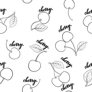 Seamless pattern black and white cherries with lettering text cherry. desig.. Illustrazione stock