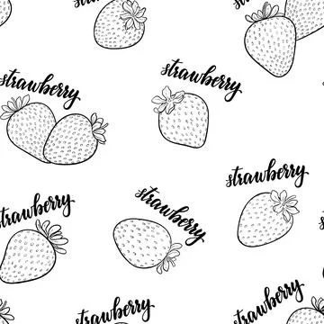 Seamless pattern black and white strawberries with lettering text strawberr.. Stock Illustration