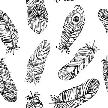 Seamless pattern black and white feathers collection. Floral hand drawn vin.. Illustrazione stock