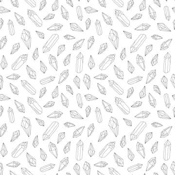 Seamless pattern with black and white crystals gems, black outline drawing Stock Illustration